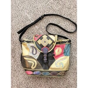 1980s Vintage NAS Bag Leather Patchwork Crossbody Bucket Bag Medium